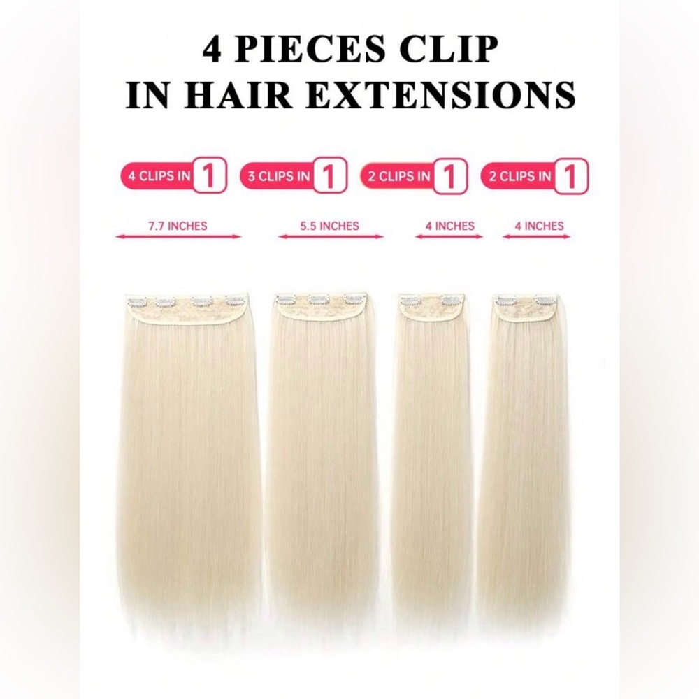 22” Synthetic Clip-In Hair Extensions Platinum Blonde Straight Full Set - Picture 6 of 7